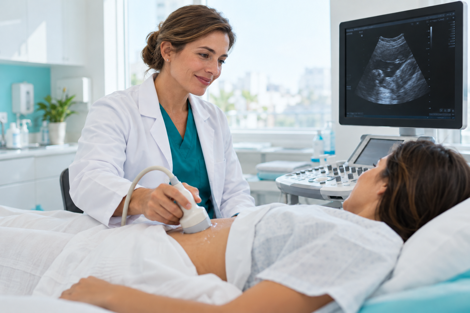 Imagem ilustrativa de médica realizando ultrassonografia em uma paciente